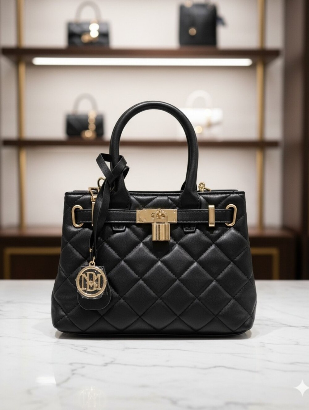Badgley Mischka Quilted Leather Top-Handle Bag in Black